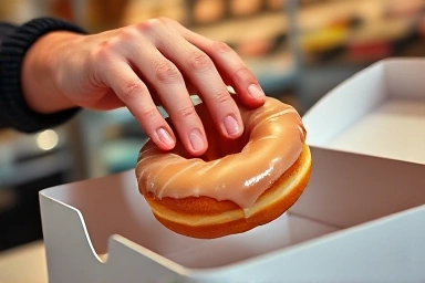 Close-up of hand choosing a glazed donut from a box.