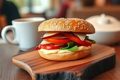 Delicious bagel sandwich with fresh ingredients and coffee.