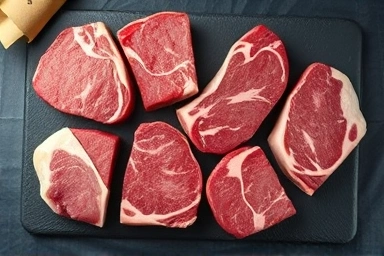 Premium Korean beef cuts, marbled texture, artistic arrangement