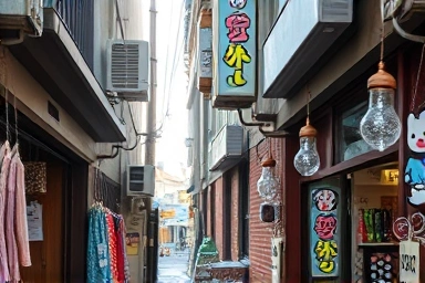 Quirky Mangwon-dong alleyway with unique shops and handmade goods.
