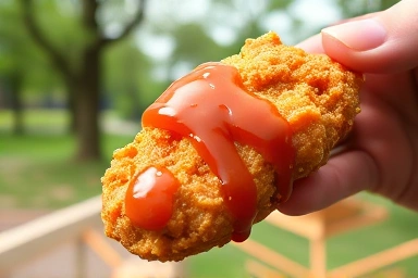 Close-up of savory Korean fried chicken dakgangjeong with crispy coating