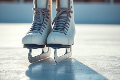 Close-up of ice skates on a pristine ice rink.