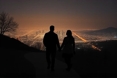 Couple enjoying Seoul night view from Naksan Park