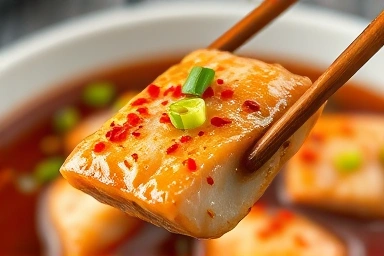 Close-up of tender Korean braised cutlassfish with glossy sauce.