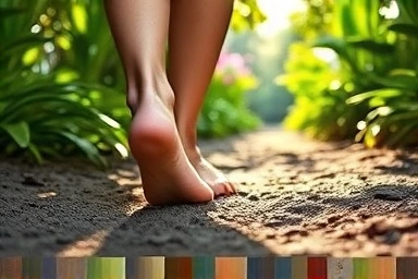 Bare feet touching soft earth on a forest trail