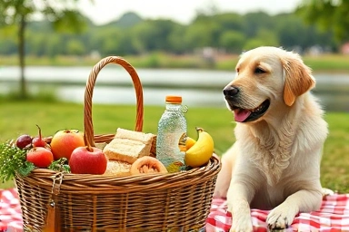 Picnic basket with food and a happy dog at Han River Park