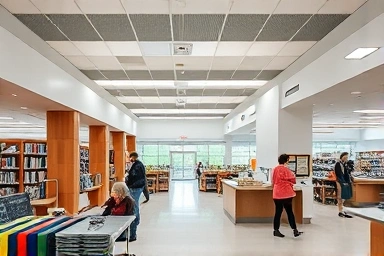Busy yet organized cafeteria inside a public library.