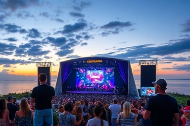 Vibrant island concert venue with energetic audience