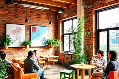 Trendy Sangsu-dong cafe interior with art and plants