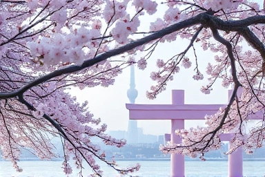 Seokchon Lake cherry blossoms with Lotte Tower view