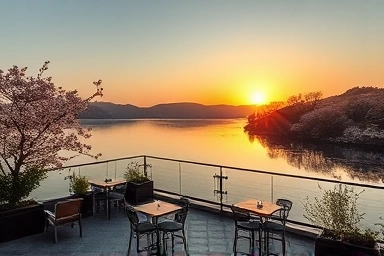 Rooftop cafe view of Seokchon Lake cherry blossoms at sunset