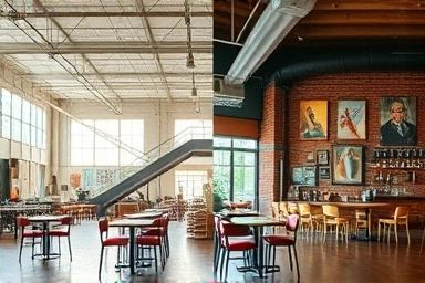 Split image comparing industrial gallery cafe and vintage cozy cafe