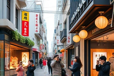 Vibrant Seongsu-dong popup store street scene with happy visitors.