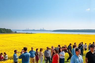 Vibrant rapeseed flower field with people enjoying the view.
