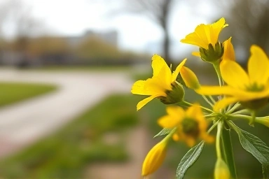 Close-up of dew-kissed yellow rapeseed flowers in soft sunlight.