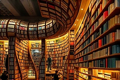 Surreal library interior with giant book caterpillar bookshelf