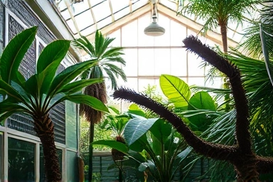 Close-up of exotic plants in a sunny botanical garden conservatory.