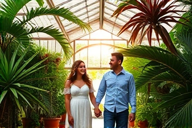 Couple enjoying a romantic winter date in a tropical greenhouse.