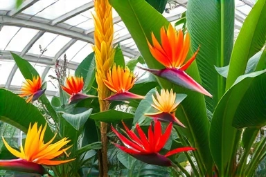 Exotic plants and flowers inside a warm greenhouse.