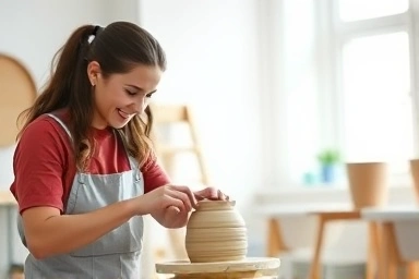 Couple creating pottery together in studio