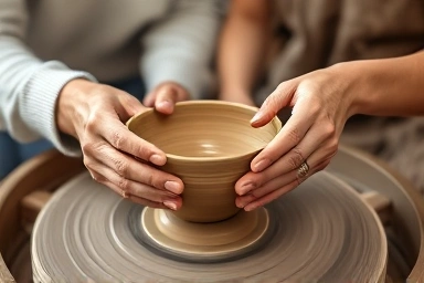 Hands of a couple shaping clay on pottery wheel