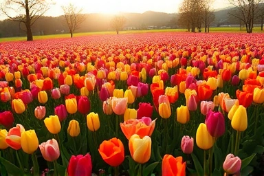 Vibrant tulip field in Seoul Forest during bloom