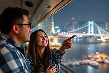 Couple enjoying Seoul night view on tour bus