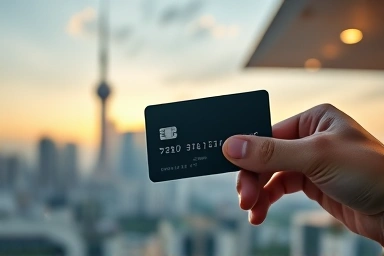 Credit card with Seoul Sky landmark in background