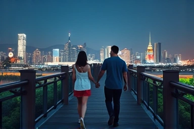 Couple walking on Seoullo 7017 at night