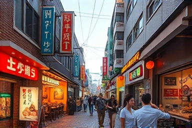 Vibrant Sharosu-gil street with couples enjoying diverse dining and shopping experiences.