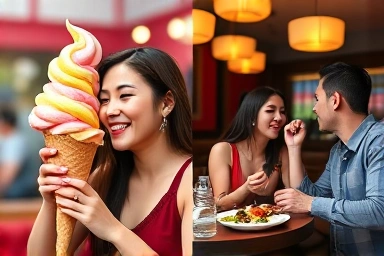 Contrasting Sharosu-gil date experiences: fun ice cream vs. romantic dining.