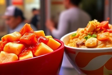 Two distinct bowls of tteokbokki, showcasing different styles.
