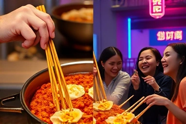 Split screen: traditional tteokbokki making vs. modern dining experience.