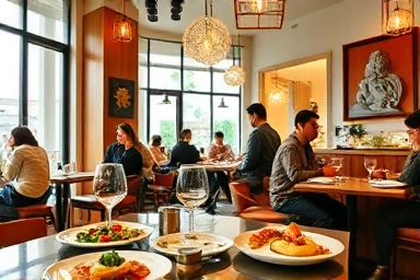 Trendy Seoul brunch cafe interior with delicious food