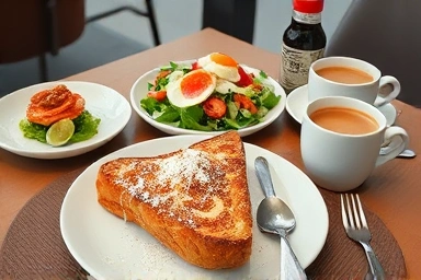 Gourmet brunch plate with French toast and coffee