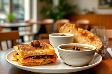Artisanal brunch spread at a cozy cafe with grilled cheese and soup.