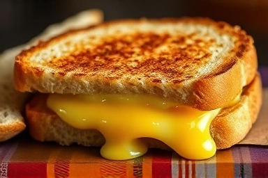 Close-up of a gourmet grilled cheese sandwich with melted cheese.