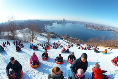 Joyful families sledding at an urban winter festival by a river.