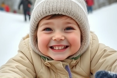 Child's excited face on a snowy sledding hill.