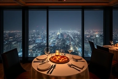 Elegant restaurant with Seoul night view and pizza.