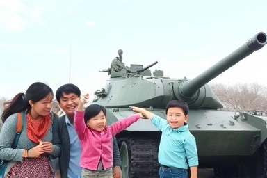Family enjoying outdoor exhibits at War Memorial Museum, Seoul