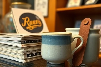 Curated display of zines, vintage mug, and handmade bookmark in a shop.