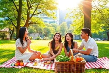 Joyful picnic in a Seoul park, blending nature and city.