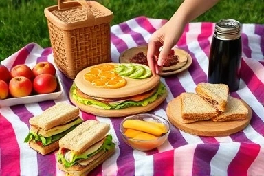 Artistic picnic food arrangement with fresh ingredients and vintage thermos.
