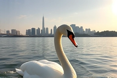 Swan boat on Han River with Yeouido skyline