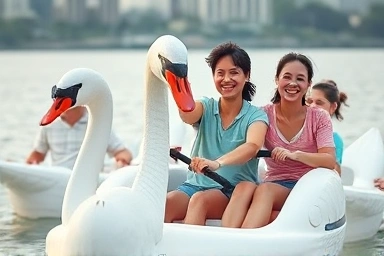 Family enjoying a swan boat ride on Han River