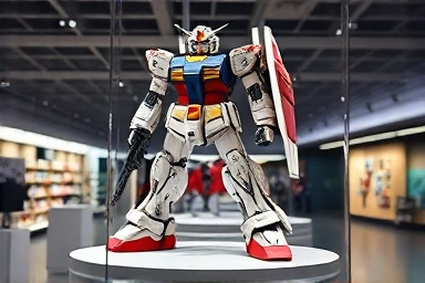 Detailed Gundam model on display in a hobby store exhibition.