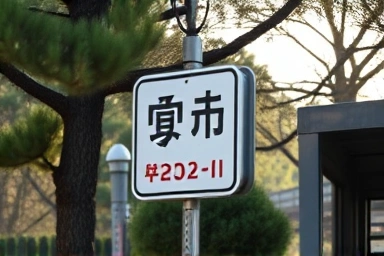Charming vintage bus stop sign in a peaceful park setting.