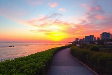 부산 기장 아난티코브 해안산책로의 아름다운 일몰 풍경