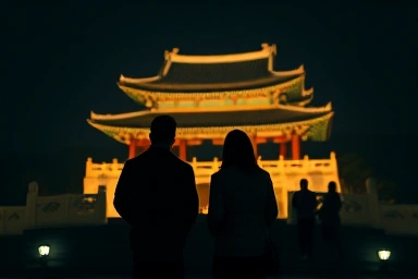 영남루 야경을 배경으로 인생샷을 찍는 여행객